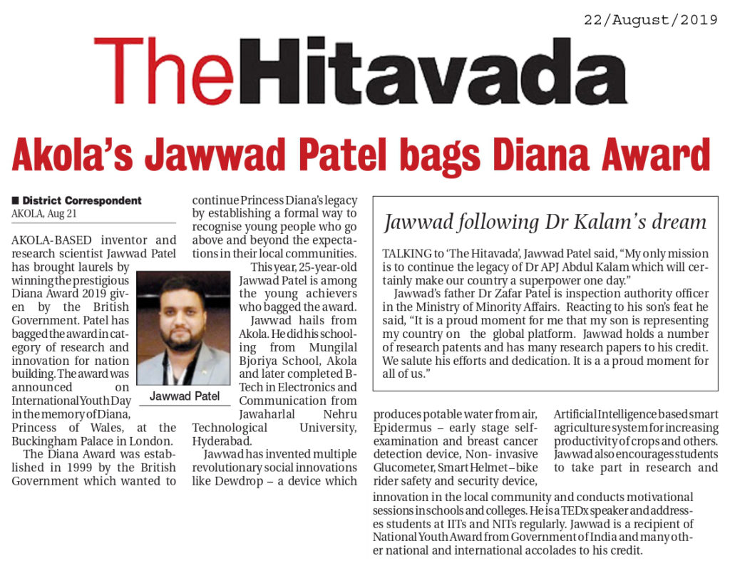 The Diana Award - Hitavada - Jawwad Patel 